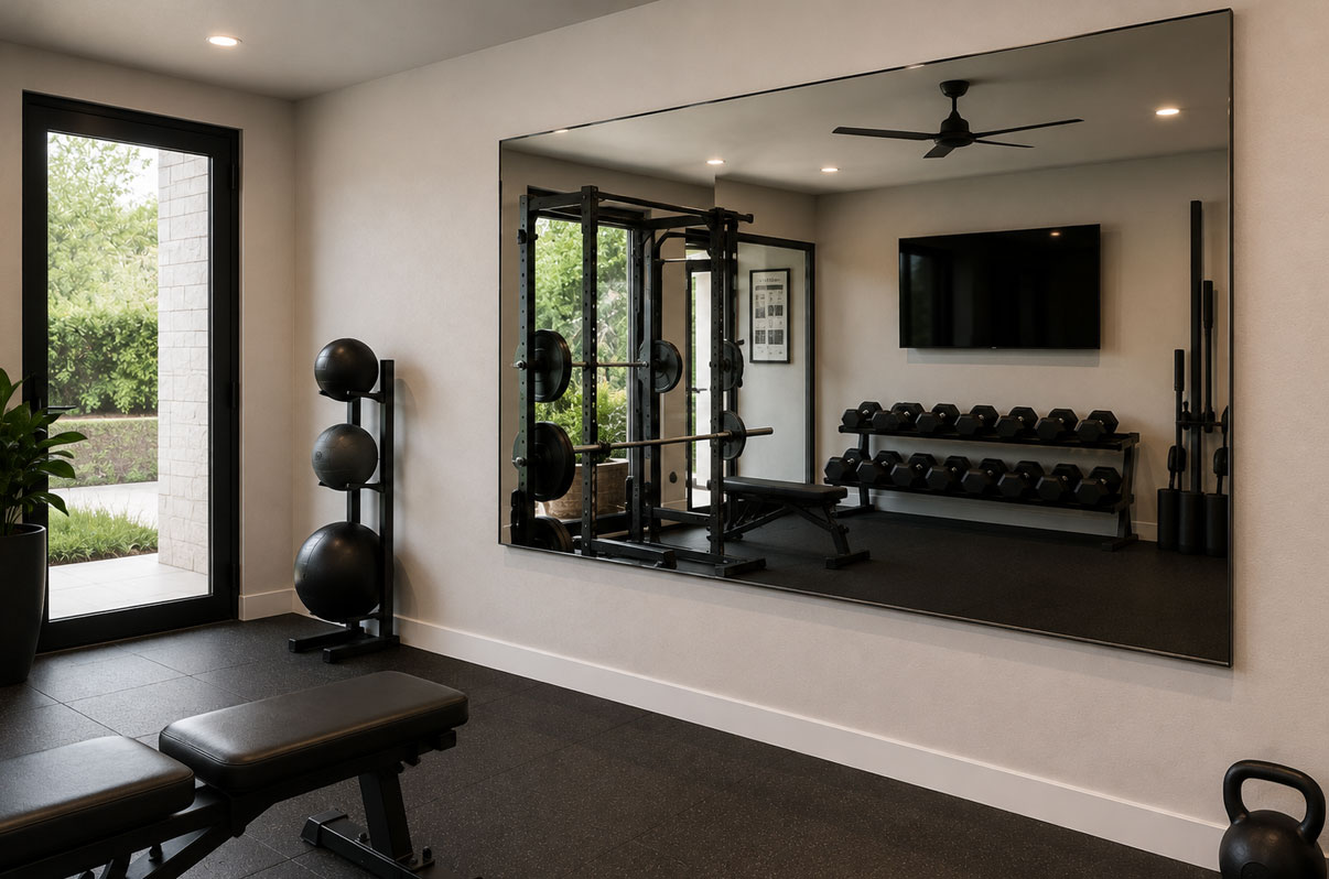 Large mirror in home gym installation by TVMountSD